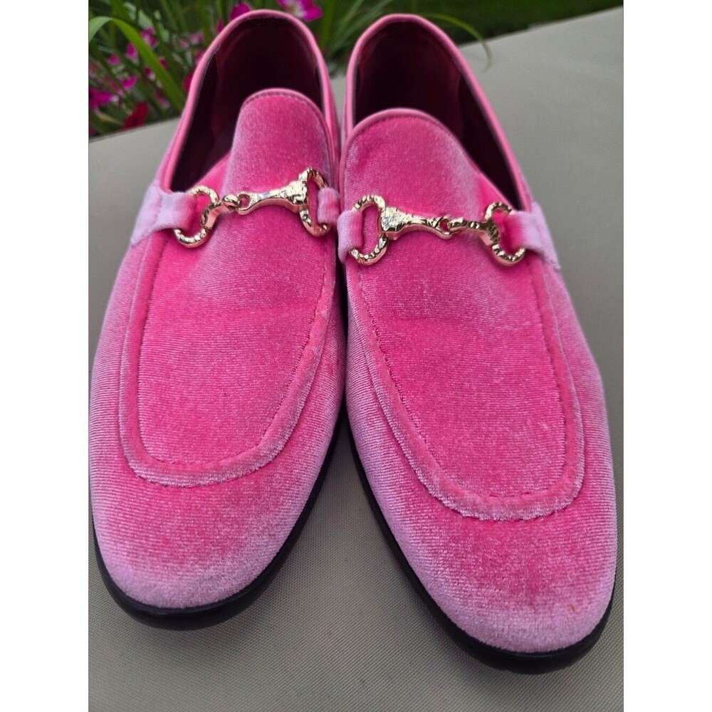 Metro Charm Men's Pink Velvet Gold Horsebit Crest Loafers Size 9.5